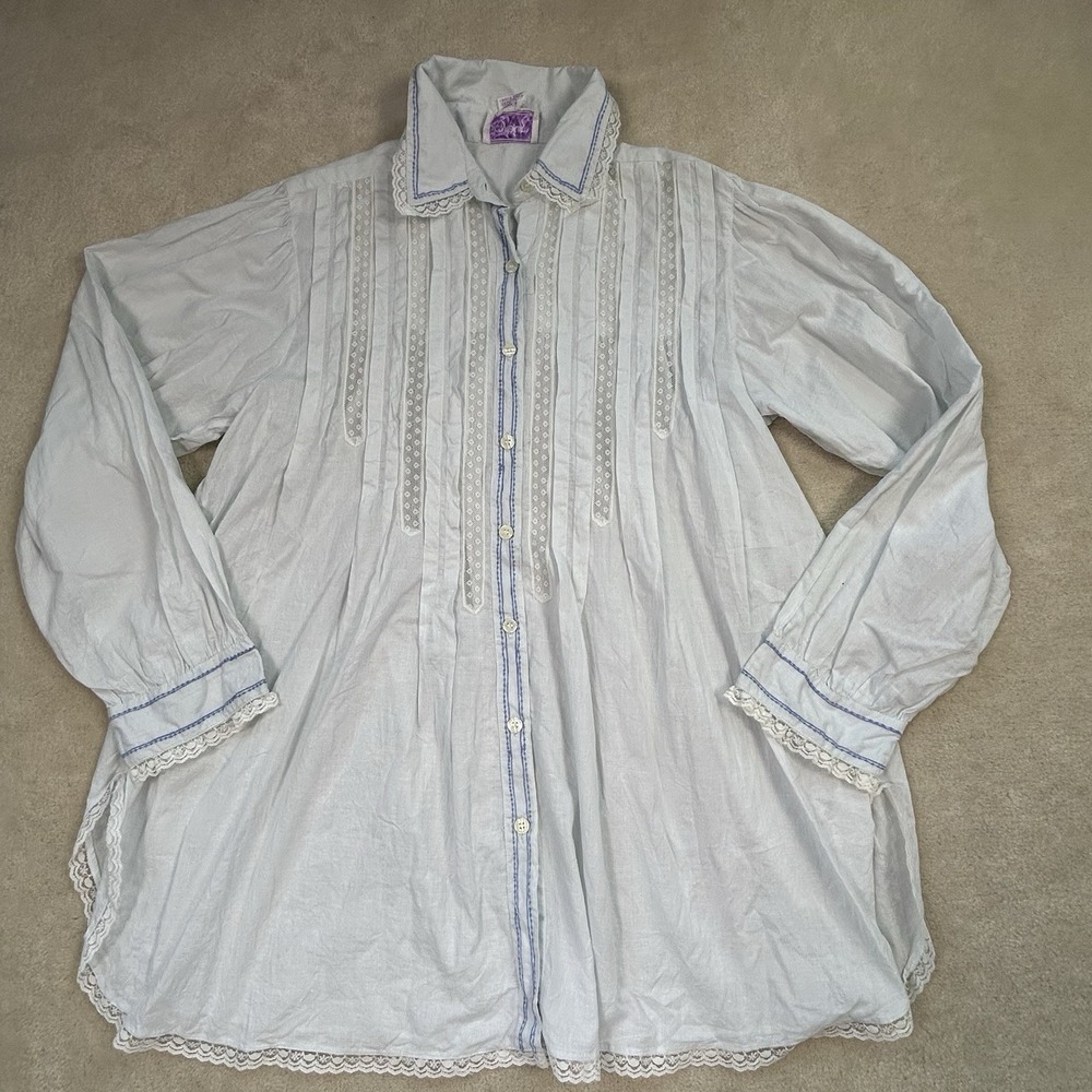 Vintage Saybury Pintuck Cotton Nightgown M Blue Cottagecore Lace Embroidered